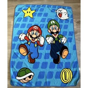 Nintendo Super Mario Bros Fleece Throw Blanket 46x58 2013 Blue Mario Luigi Boo
